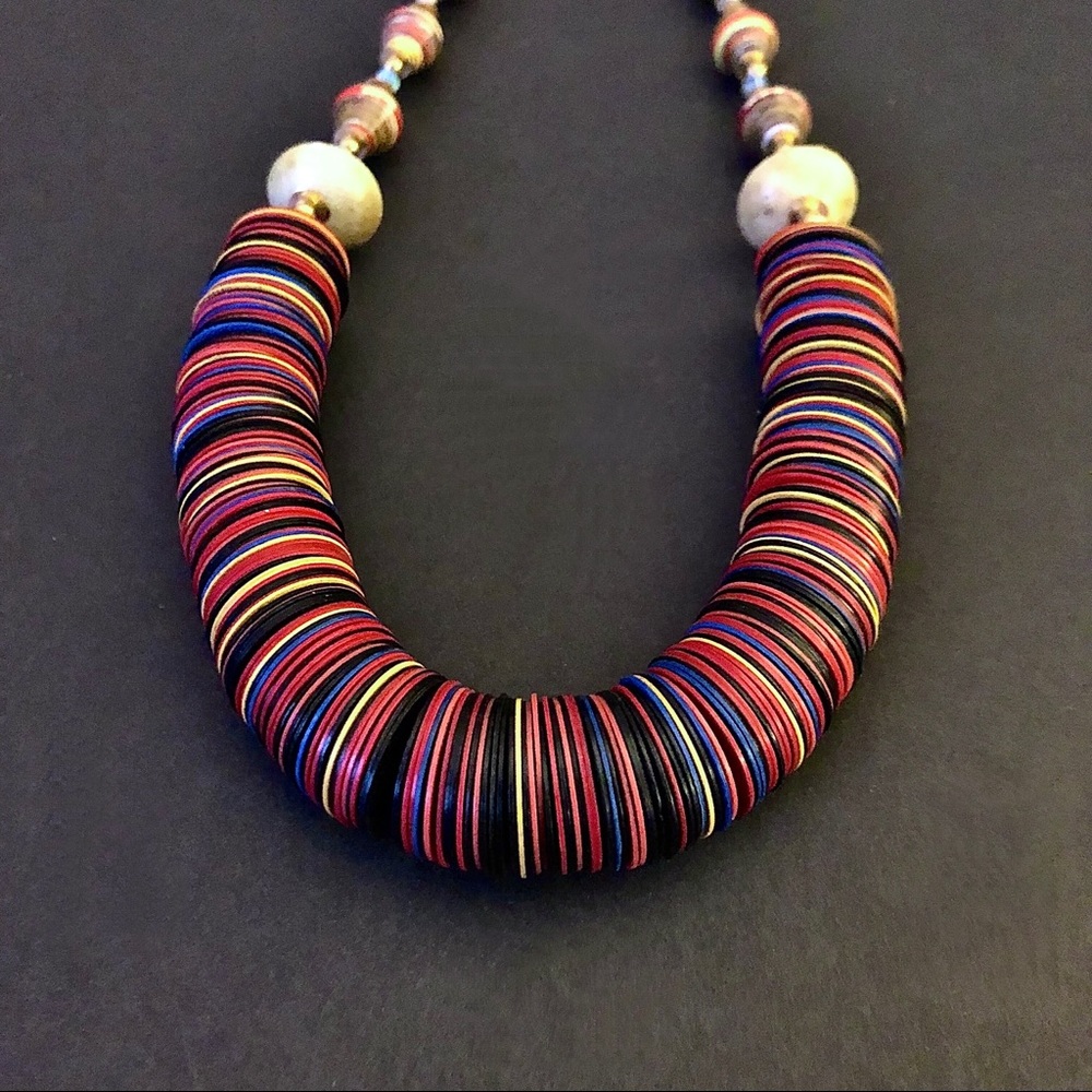 Handcrafted Vinyl Disc & African Trade Necklace